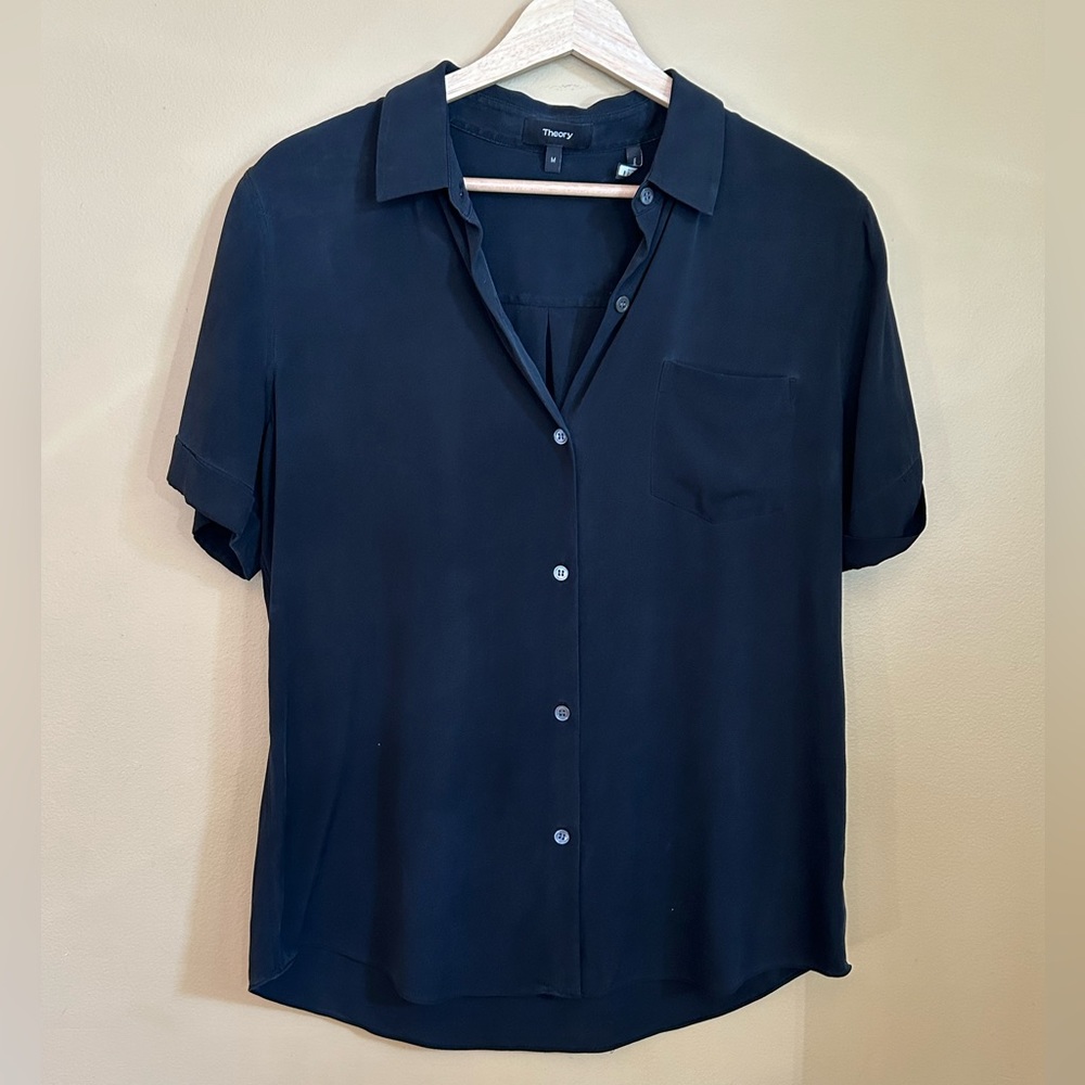 Theory black silk button down blouse
